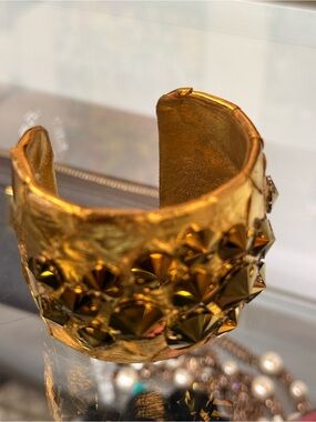 TED ROSSI gold Leather nyc scaled w/ studs Cuff Bracelet
